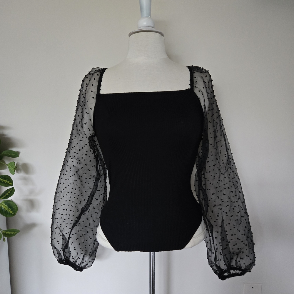 Altar'd State Black Sheer Puff Sleeve Full Body Top